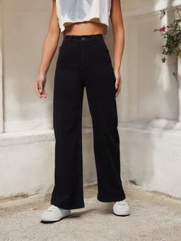 DOLCE CRUDO - Womens Black Wide Leg High Rise Clean Look Regular-Length Stretchable Denim Jeans