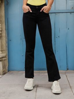 DOLCE CRUDO - Womens Black Bootcut High Rise Clean Look Regular Stretchable Denim Jeans