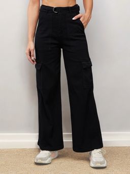 DOLCE CRUDO - Womens Black Wide Leg High Rise Clean Look Regular Stretchable Denim Jeans