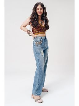 FREAKINS - Blue Pataka Distressed Wide Jeans