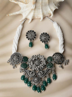 ADIVA - Silver-Plated Green Stone and Pearls Peacock Shaped Oxidised Jewellery Set