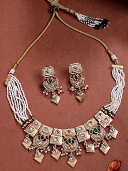 ADIVA - Gold-Plated Ruby Pink and Green Kundan-Studded Pearl Beaded Jewellery Set