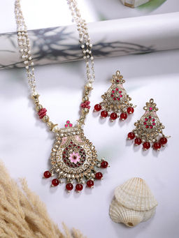 ADIVA - Gold-Plated Red Pearl Meenakari-Studded Traditional Jewellery Set