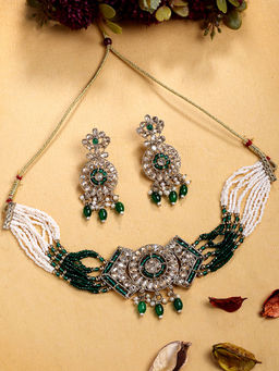 ADIVA - Gold-Plated Green Kundan-Studded Pearl Beaded Jewellery Set