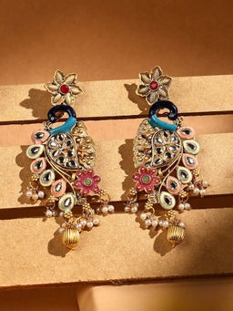ADIVA - 18K Gold-Plated Peacock Royale Meenakari Kundan Earrings with Floral and Pearl Drops