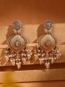 ADIVA - Gold-Plated Temple-Inspired Antique Earrings with White Stones and Pearl Drops - NayaabTales