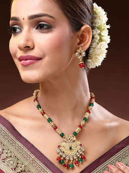 ADIVA - 22K Gold-Plated Kundan Stone with Pearl and Beads Handcrafted Jewellery Set