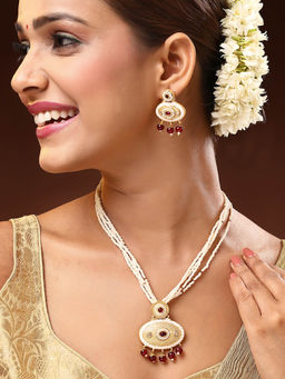 ADIVA - 22K Gold-Plated Meenakari Multistrand with Pearl and Beads Handcrafted Jewellery Set