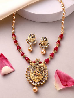 ADIVA - 18K Gold-Plated Lord Ganesha Kundan Stone with Pearl and Beads Handcrafted Jewellery Set