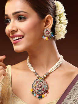 ADIVA - Gold-Plated Kundan Studded Multistrand Multicolor Pearl and Beads Handcrafted Jewellery Set