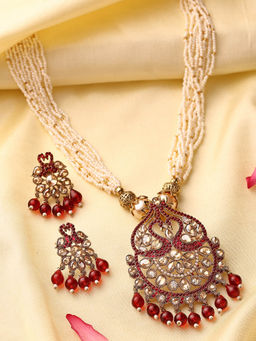 ADIVA - Gold-Plated Peacock Kundan Multistrand with Red Pearl and Beads Handcrafted Jewellery Set