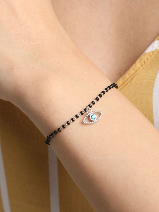 CLARA 925 Silver Rhodium Plated Black Beads Evil Eye Bella Hand Mangalsutra Bracelet Gift For Wife