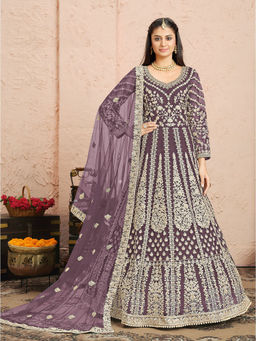 Odette - Lavender Embroidered Net Semi Stitched Dress Material (Set of 3)