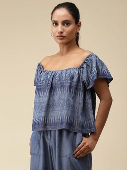 Label Ritu Kumar - Blue Printed Off The Shoulder Top