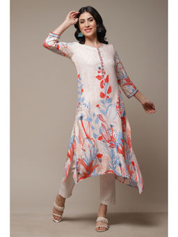 Biba - Womens Ecru Printed Rayon Straight Kurta