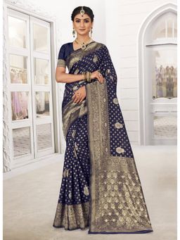Sangam Prints - Navy Blue Silk Woven Zari Work Traditional Saree with Unstitched Blouse