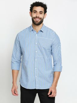 Solemio - Slim Fit Pure Cotton Stripes Spread Collar Casual Shirt For Men - Blue