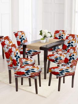 Cortina - Set of 6 Floral Printed White & Orange Chair Cover