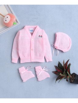 Bumzee - Pink Baby Girls Woolen Sweater with Cap and Pair Of Socks (Set of 3)