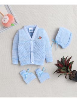 Bumzee - Blue Baby Boys Woolen Sweater with Cap and Pair Of Socks (Set of 3)