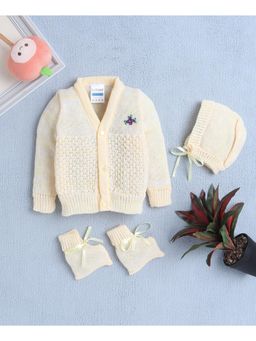 Bumzee - Yellow Baby Girls Woolen Sweater with Cap and Pair Of Socks (Set of 3)