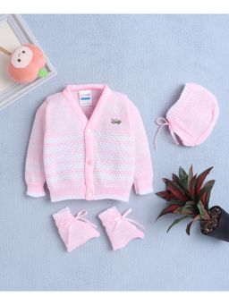 Bumzee - Pink Baby Girls Woolen Sweater with Cap and Pair Of Socks (Set of 3)