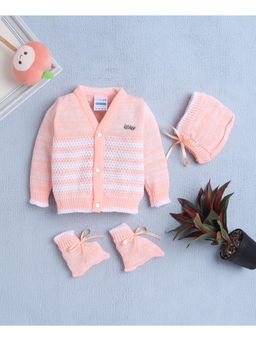 Bumzee - Peach Baby Girls Woolen Sweater with Cap and Pair Of Socks (Set of 3)