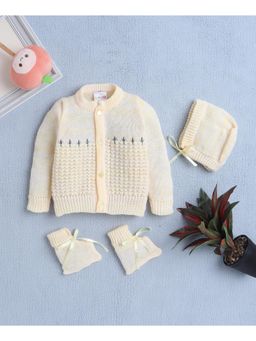Bumzee - Yellow Baby Girls Woolen Sweater with Cap and Pair Of Socks (Set of 3)