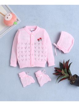 Bumzee - Pink Baby Girls Woolen Sweater with Cap and Pair Of Socks (Set of 3)
