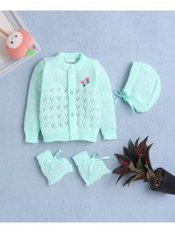 Bumzee - Green Baby Girls Woolen Sweater with Cap and Pair Of Socks (Set of 3)