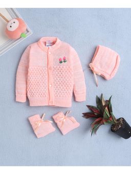 Bumzee - Peach Baby Girls Woolen Sweater with Cap and Pair Of Socks (Set of 3)