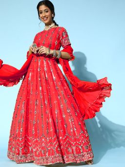 Chhabra 555 - Red Embroidered Lehenga with Choli and Dupatta (Set of 3)