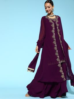 Chhabra 555 - Wine Solid Lehenga, Kurta and Jacket with Dupatta (Set of 4)