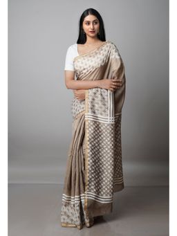 Unnati Silks - Pale Brown Pure Block Printed Chanderi Sico Saree with Unstitched Blouse