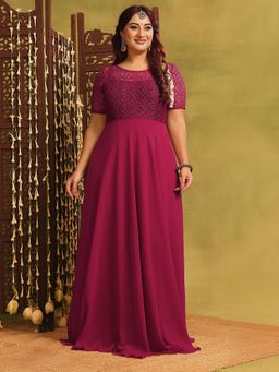 Miss Chase - A+ Curve Collection Plus Size Womens Dark Pink Round Neck Maxi Dress