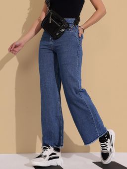DOLCE CRUDO - Womens Navy Blue Wide Leg High Rise Regular Stretchable Denim Jeans