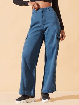 DOLCE CRUDO - Womens Blue Wide Leg High Rise Stretchable Denim Jeans