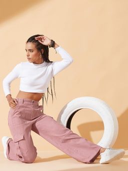 DOLCE CRUDO - Womens Rose Pink Wide Leg High Rise Stretchable Denim Jeans