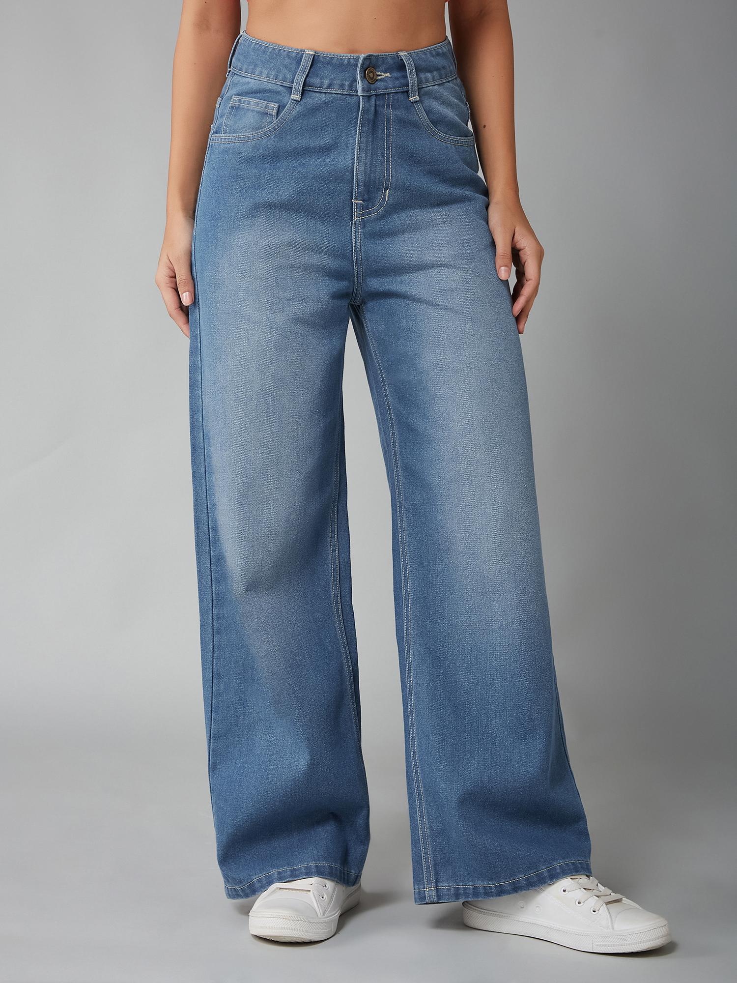 dolce crudo Womens Light Blue Wide Leg High Rise Non Stretchable Denim Jeans-picture-14