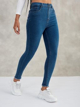 DOLCE CRUDO - Womens Blue Skinny High Rise Fringe Detailing Stretchable Denim Jeans