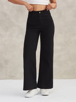 DOLCE CRUDO - Womens Black Wide Leg High Rise Regular Stretchable Denim Jeans