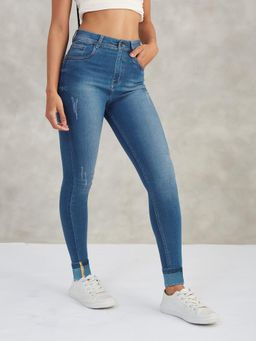 DOLCE CRUDO - Womens Blue Skinny Fit High Rise Scraped Stretchable Denim Jeans