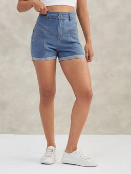DOLCE CRUDO - Womens Blue Relaxed Fit High Rise Stretchable Blue Denim Shorts