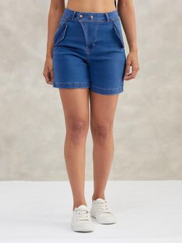 DOLCE CRUDO - Womens Relaxed Fit Mid Rise Stretchable Blue Denim Bermuda Shorts
