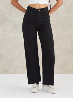 DOLCE CRUDO - Womens Black High Rise Regular Stretchable Wide Leg Denim Jeans