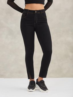 DOLCE CRUDO - Womens Black Skinny High Rise Side Slit Ankle Stretchable Denim Jeans
