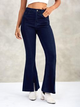 DOLCE CRUDO - Womens Navy Blue Bootcut High Rise Stretchable Denim Jeans