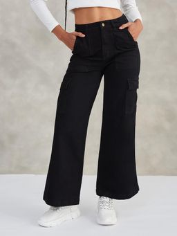 DOLCE CRUDO - Womens Black Wide Leg High Rise Stretchable Denim Jeans