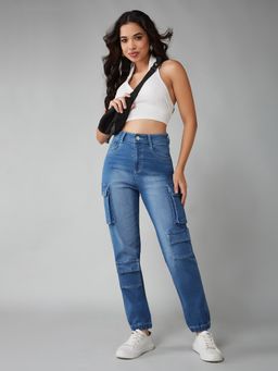 DOLCE CRUDO - Womens Mid Blue Regular High Rise Stretchable Denim Jeans