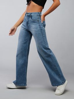 DOLCE CRUDO - Womens Light Blue Wide Leg High Rise Stretchable Shaping Denim Jeans